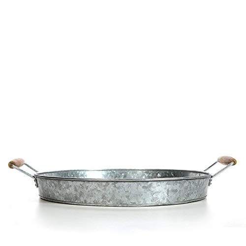 Round Metal Tray with Wooden Handle, Modern Industrial Style, Sleek Rustic Storage Display Coffee Table Home Decor Tray (Clear)