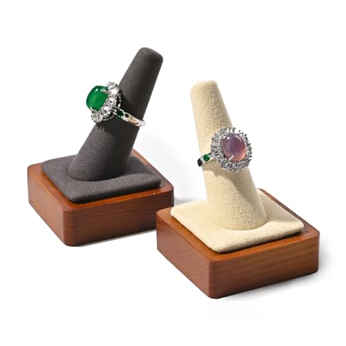 Single Finger Wood Ring Display Stand Wooden Ring Holder Microfiber Jewelry Display Stand for Showcase (Gray) - color: Grey