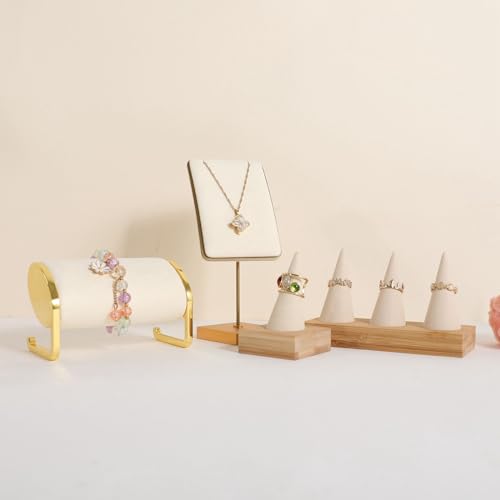 GemeShou Beige wood ring storage organizer, Velvet Jewelry ring display holder, Cute ring display stand for selling, wedding ring holder at nightstand【Beige with single cone】 - size: Small