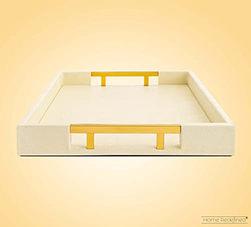Modern Elegant 17.5”x12” Rectangle Cream Rectangle Shagreen Faux Leather Decorative Tray Ottoman Tray Coffee Table Perfume Living Room Kitchen Serving Tray with Gold Polished Metal Handles. - color: Cream/Gold