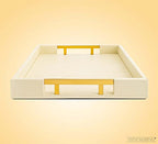 Modern Elegant 17.5”x12” Rectangle Cream Rectangle Shagreen Faux Leather Decorative Tray Ottoman Tray Coffee Table Perfume Living Room Kitchen Serving Tray with Gold Polished Metal Handles. - color: Cream/Gold