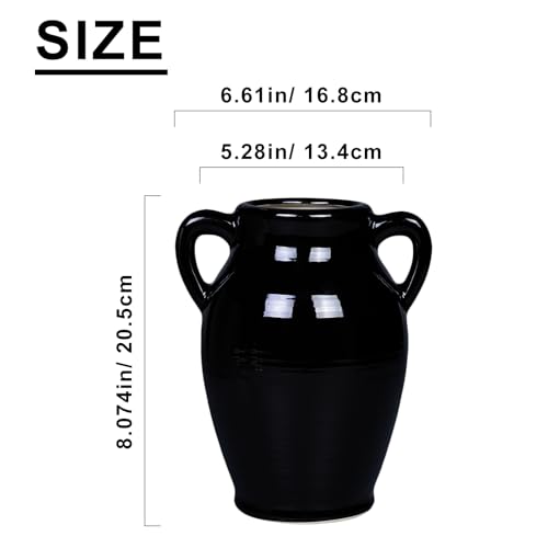 Sunddo Black Ceramic Vase - 8 Inch Modern Decorative Vase with 2 Handles, Black Centerpiece for Home Decor, Living Room, Kitchen Table, Mantle Fireplace, Bathroom Decor - color: Black - 8, size: 8 Inch