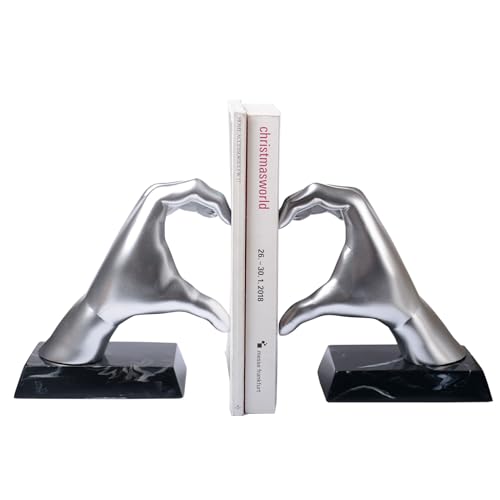 HAUCOZE Decorative Book Ends Heart Hand Statue Sculpture Modern Home Decor Table Centerpiece Gift for Office Bookshelf Silver 12.2 Inch - color: Silver