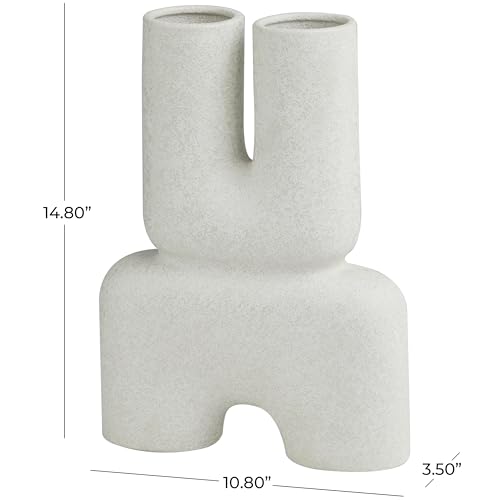 Deco 79 Ceramic Abstract Dual Opening U-Shaped Vase with Glossy Speckled Texture, 11" x 4" x 15", White - color: White