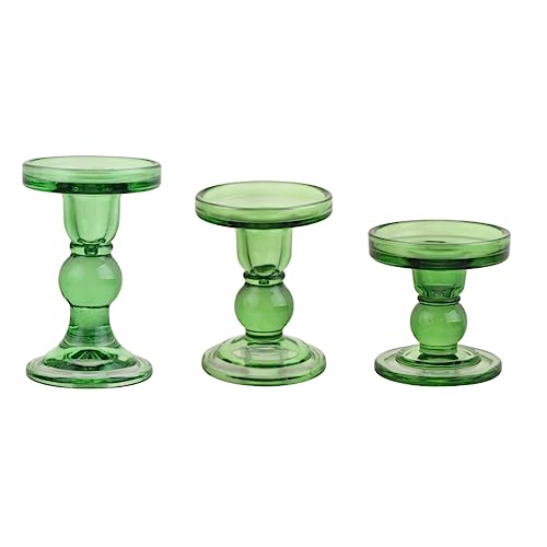 3-Piece Set of Green Glass Candlestick, Crystal Candlestick Holder Holder and Conical Candle, Christmas Candle Holder Decoration, Family Living Room Wedding Candle Holder (green1set) - color: Green