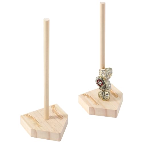 Beeveer 2 Sets Baseball Wooden Ring Holder 10 Inches Softball Ring Display Stand Stacked Storage Organizer Christmas Birthday Gift for Dad Grandpa - color: Natural Color