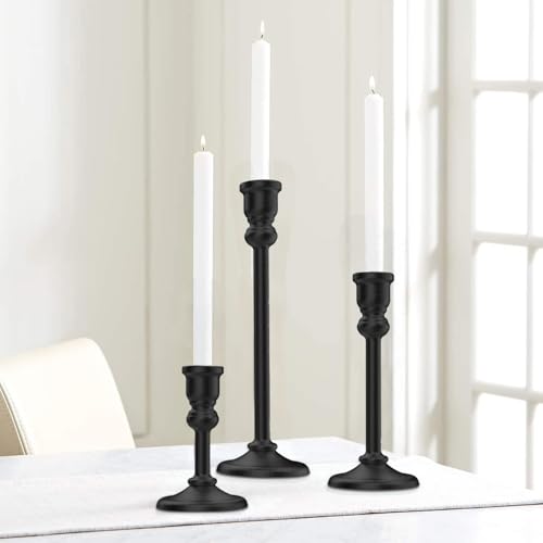 3-Piece Metal Candle Holders Set - Heavy Duty Alloy Taper Candlesticks for Table Centerpiece, Christmas, Dinner Party, Vintage Home Decor - 5-7.5 -10.3Inch Tall, Antique Gold Finish (Black) - color: Black