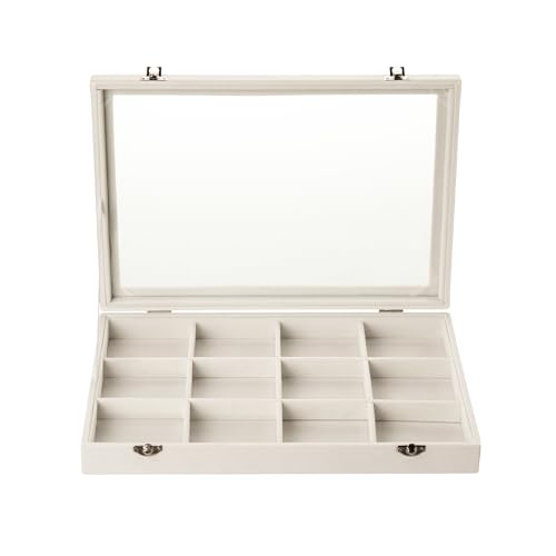 Frebeauty Velvet Jewelry Tray,12 Grid Jewelry Organizer with Clear Lid,Bracelets Holder,Jewelry Display Case with Clasp,Drawer Insert Bangle Brooch,13.8 x 9.5 x 2 Inches,Gift for Women Girls(Beige) - color: Beige, size: 12 Grid