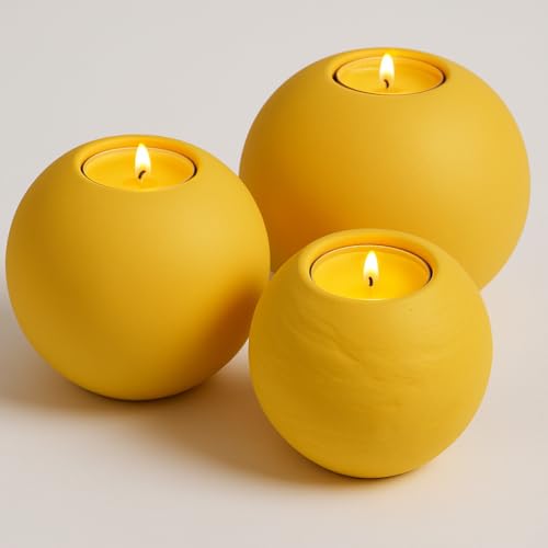 Concrete Sphere Tea Light Holder - Minimalist Centerpiece - Candle Holder - Modern Interior Design (Marigold Yellow, Set of 3 Sizes) - color: Marigold Yellow, size: Set of 3 Sizes
