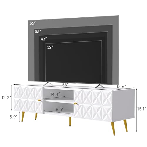 58” TV Stand for 55/60/65 Inch TV, Modern Entertainment Center with Adjustable Shelf, Media Console with Storage Cabinet, TV Console with Gold Legs and Handles for Living Room, Bedroom, White