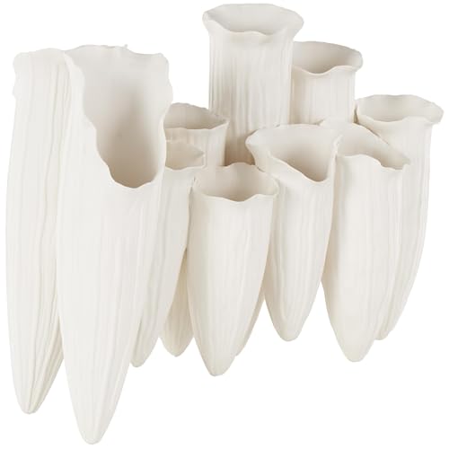 Deco 79 Ceramic Abstract Floral Inspired Vase with Linear Grooves and 10 Openings, 14" x 5" x 11", White - color: White, size: 14" x 5" x 11"