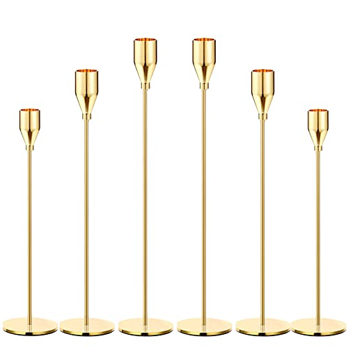 Gold Taper Candle Holders, Set of 6 Gold Candlestick Holders Taper Candle Holders fits 3/4" Thick Pillar Candle Led Modern Metal Candles, Elegant Stands Decorative Table Candle Holder - color: Lemon Gold