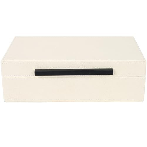 Beige Faux Leather Shagreen Decorative Storage Box - Small Jewelry Organizer & Keepsake Box with Lid for Home Decor - color: Beige+Black Handles