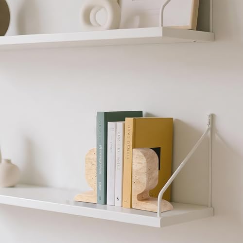 WORHE Travertine Bookends Decorative, Marble Decorative Bookends for Shelves, Heavy-Duty Stone Book Ends for Hardback Book & Cookbooks, Unique Book Stopper & Holder Set of 2 Beige (WH090) - color: Beige
