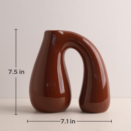 Brown Ceramic Vase for Modern Home Decor, 7.5" Sculptural U-Shape Pitcher Vase with Arch Handle, Small Earth-Tone Aesthetic Flower Vase for Pampas Grass, Dried Flowers, Shelf Entryway Decor PROBENEX - color: Brown