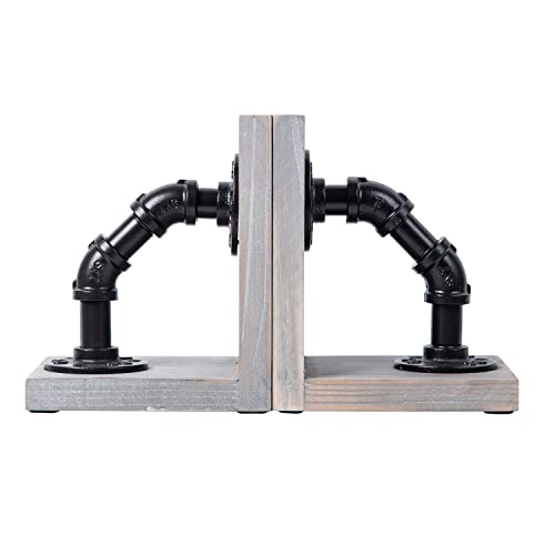 Rustic Decorative Wooden Tabletop Farmhouse Bookends for Heavy Books with Modern Industrial-Style Pipe Office Desktop Bookshelf Organizers Holder Nonskid Shelf Decor for Home Office 1-Pair (Grey) - color: Gray
