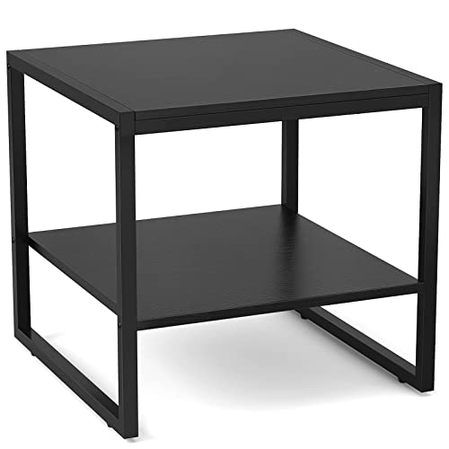 Homieasy End Table, 20 Inch Square End Table, Mini Fridge Stand with 2-Tier Storage Shelves, Industrial Wood Side Table Small Table Stand for Living Room, Bedroom, Office, Black - color: Black