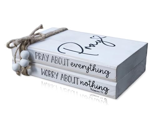LIVDUCOT Faux Books for Christian Decoration, Decorative Wooden Book Stack for Bible Verse Home Decor - Pray About Everything Worry About Nothing Sign - color: Pray about everything worry about nothing