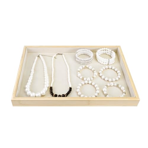 MOOCA 2 Pcs Bamboo Jewelry Display Tray, Presentation Tray, Organizer for Rings, Necklaces, Earrings, and Accessories, Beige Color, 14" W x 9.6" D x 1.2" H - color: 1 Compartment