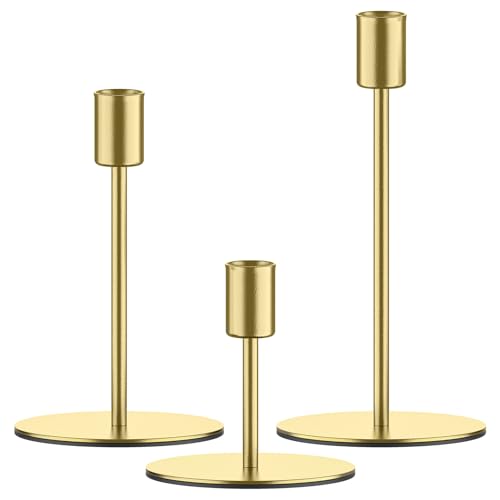 smtyle Gold Taper Candle Holders for Candlestick Candles Set of 3 Candelabra with Iron-0.8" Diameter Ideal for Candle Stick Decor - color: Gold-p3