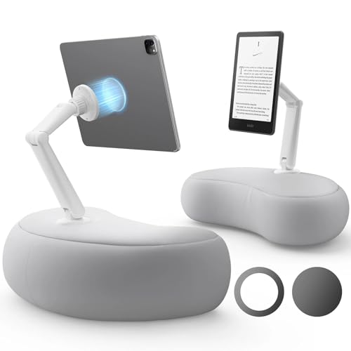 SAIJI Tablet Pillow Stand - Magnetic Kindle Holder Compatible with Kindle, Tablet, iPad, iPhone, 360° iPad Holder for Bed with Ergonomic Pillow and Dual-Jointed Arm, 2 Free Magnetic Sheets (Gray) - color: Light Gray