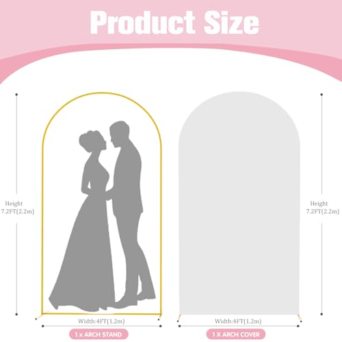 7.2FT Arch Backdrop Stand and Arch Cover Set, Gold Metal Arch Stand Backdrop with White Arch Stand Cover Ideal for Weddings, Birthday Parties, Baby Showers, Celebration Decorations - size: 7.2 FT