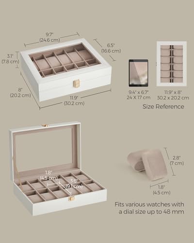 SONGMICS Watch Box, 12-Slot Watch Case Organizer with Large Glass Lid, Removable Pillows, Gift for Loved Ones, Cloud White Synthetic Leather, Cappuccino Beige Lining UJWB120W01 - color: Cloud White + Cappuccino Beige, size: 12 Slot