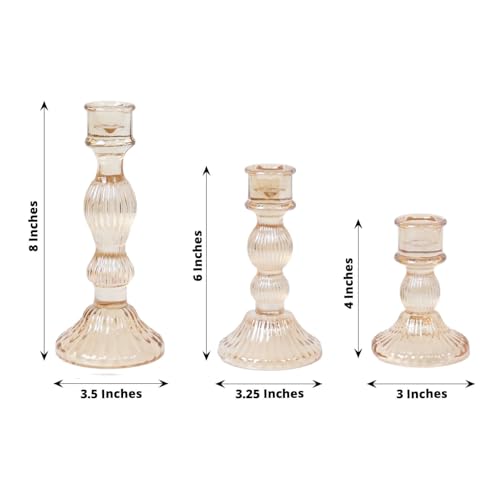 Efavormart Set of 3 Amber Gold Fluted Glass Taper Candle Holders, Ribbed Crystal Candlestick Stands 4", 6", 8" - color: Type12