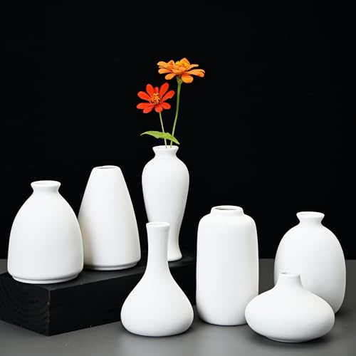 Set of 9 Ceramic Bud Vases for Pampas Grass Flowers, Small Vases in Bulk for Centerpieces Boho Vases for Wedding Decorations Neutral Living Room and Bedroom Decor DIY Gift (White) - color: White