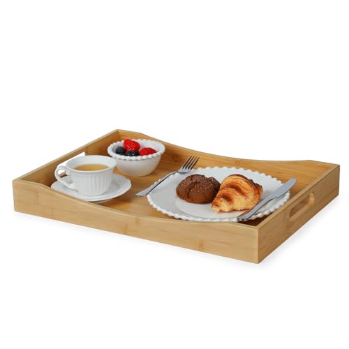 Gobam Bamboo Serving Tray with Handles, 19.7 x 13.8 inch Rectangular Decorative Tray for Entryway, Kitchen, Dining & Living Room, Large Wooden Breakfast Trays for Bed, Coffee Table & Ottoman - color: Natural, size: 19.7" x 13.8" x 2.4"