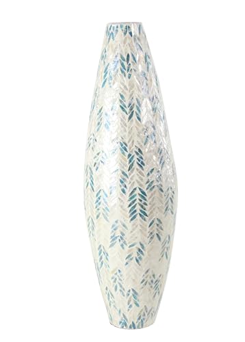 Deco 79 Mother of Pearl Shell Handmade Decorative Vase Tall Mosaic Centerpiece Vase with Blue Accents, Flower Vase for Home Decoration 10" x 10" x 33", Cream - color: Cream, size: 10" x 10" x 33"