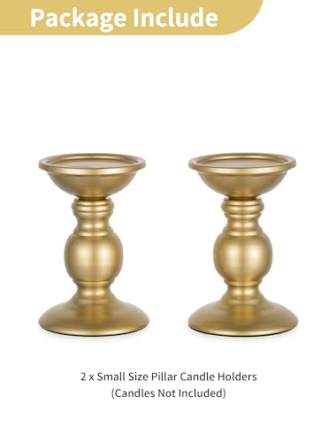 2 Pcs Gold Pillar Candle Holders, Gold Candlestick Most Ideal for 3" Pillar Candles, Gifts for Wedding, Party, Home, Spa, Reiki, Votive Candle (2 x S) - color: Gold, size: S + S