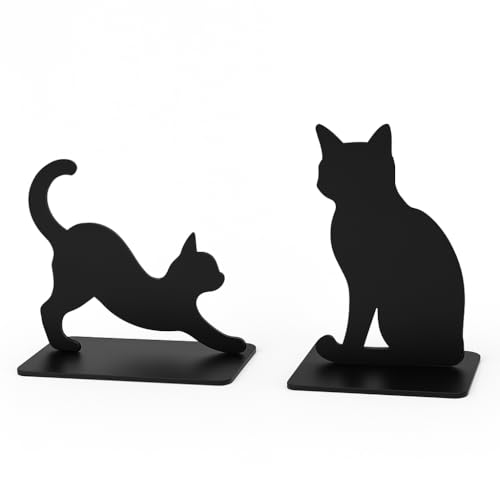 Cat Bookends, Black Metal Book Ends for Shelves, Stretching & Sitting Cat Silhouette Set, Heavy-Duty 0.08" Thick Steel, Decorative Book Holder for Home Office Desk, Gift for Cat Lovers - color: Black Cat