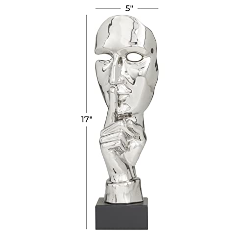 Deco 79 Polystone Mask Decorative Sculpture Quiet Gesture Home Decor Statue, Accent Figurine 5" x 5" x 17", Silver