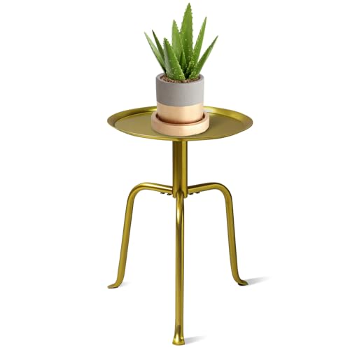 Plant Stand Indoor Outdoor, 11'' Round Gold Corner Single Plant Table, 3-Leg Small Metal Plant Holders Flower Pot Stand, Modern Corner Round Small Side End Table with Raised Design - color: Gold