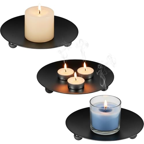 Minimalist Metal Candle Holder Plates Set of 3 – 4.7" Heat-Resistant Round Candle Base – Decorative Candle Stand for Home & Events (Black) - color: Black
