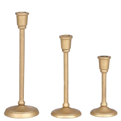 Gold Candlestick Holder Set of 3, Heavy Cast Iron Candlesticks with Antique Brass Finish, Sturdy Candle Sticks for Dining Table, Wedding, Fireplace, Home Decor - color: Antiqued Gold 6