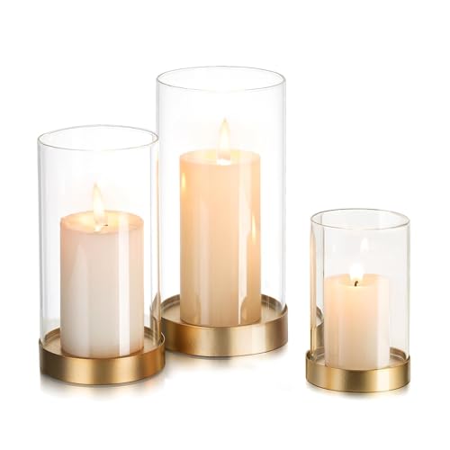 Hewory Hurricane Candle Holder for Pillar Candles: Gold Votive Candle Holders Set of 3, Glass Hurricane with Metal Candle Plate, Pillar Candle Holder for Table Centerpiece Wedding Holiday Home Decor - color: Gold, size: 3PCS