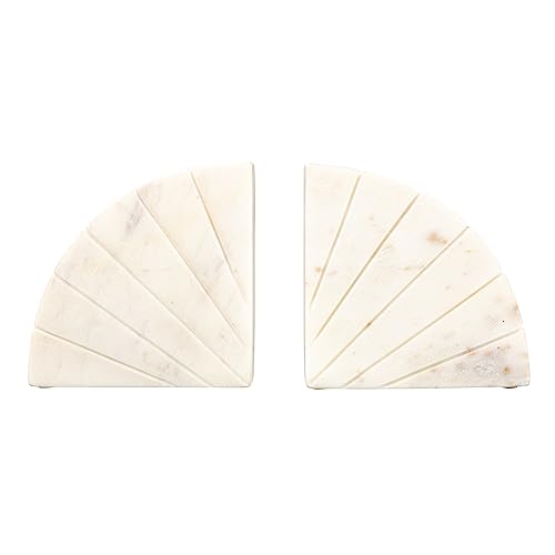 Creative Co-Op Modern Arched Semicircle Marble Bookends with Carved Detail, Set of 2, White