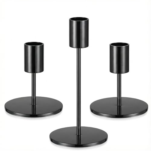 3 Pcs Black Candlestick Holders Set - Matte Black 5.5" & 3.3" Taper Candle Holders for Modern Table Centerpiece and Home Decor