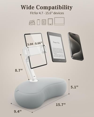 SAIJI Tablet Pillow Stand for Bed – iPad & Kindle Holder with Flexible Dual Axis Arm & Microbead Cushion, 360° Adjustable Lap Beanbag Phone Holder Fits Devices with 4.7"–15.6" Screens (Gray) - color: Gray