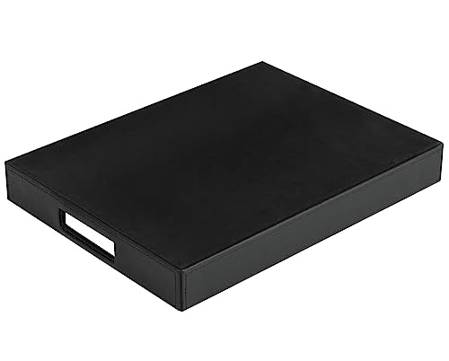 HofferRuffer Rectangle Serving Tray with Hole Handles for Coffee Table, Breakfast, Tea, Food, Butler - Countertop, Kitchen, Vanity Serve Tray, 16.2 x 12.2 x 2 inches, Faux Leather Tray (Black) - color: Black, size: 16.2" x 12.2" x 2"