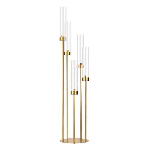 Tall 5 Arm Candle Holder for Wedding Table,39.4'' Tall Candelabra with Acrylic Lampshade for Birthday Party Home Decoration Halloween Christmas Day Fit LED Taper Candles - color: Gold, size: 1pcs