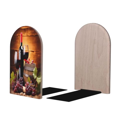 Decorative Bookends 2 Pcs Red Wine Glass Grapes Wooden Wood Bookends for Shelves Heavy Books Kids Non-Skid Book Ends Stoppers for Office Desk Kitchen School - color: Red Wine Glass Grapes Wooden