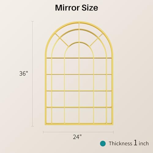 Arched Gold Wall Mirror - 24"x36" Arch Window Pane Mirror for Wall Decor, Gold Metal Framed Decorative Mirrors for Entryway, Living Room, Dining Room, Bedroom, Fireplace - color: Gold 02- Window Pane