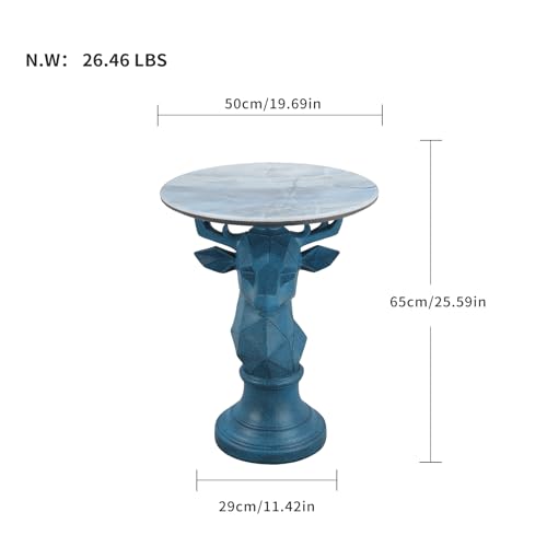 Deer Side Table for Living Room - 20" Faux Marble Top Accent End Table with Hand-Carved Resin Deer Statue Base - Modern Round Bedside Table for Bedroom, Patio, Entryway, Gift - Tool-Free Setup - color: Blue Deer