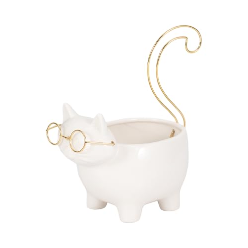 Ceramic Kitty Trinket Dish for House Decor Styling - Jewelry Tray for Coffee Table, Bed, Bathroom Vanity, and Home - Decorative Tray for Centerpiece Table and Jewelry Dish - 8", White & Gold - size: 8.0" H