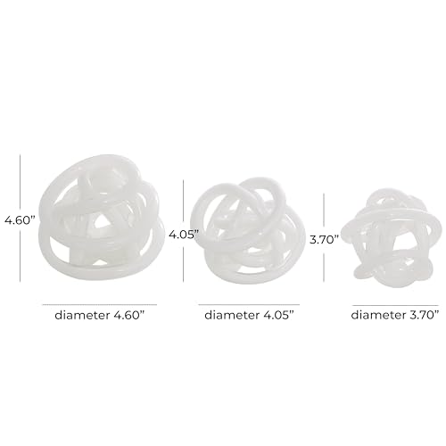 Deco 79 Glass Abstract Handmade Decorative Sculpture Iridescent Knotted Ball Home Decor Statues, Set of 3 Accent Figurines 5", 4", 4"W, White - color: White