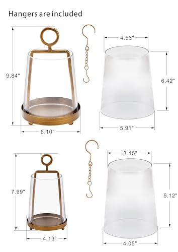6" & 4" Wide Modern Farmhouse Metal Hurricane Candle Holder with Handmade Sturdy Glass Sleeve in Antique Brass for Pillar Candle & Plants, Glass Hurricane Lantern, Industrial, Minimalistic - color: Brass, size: 6"x10" & 4"x7.5"