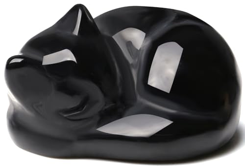 QINJIEJIE Black Obsidian Cat Decor Crystals and Healing Stones Figurine Sleeping Cats Stone Statue Gift Carved Gemstones Sculpture Office Home Desk Kitten Cute Cat Decor for Men Stocking Stuffers - color: A-black-glossy Obsidian, size: 1.5 inches